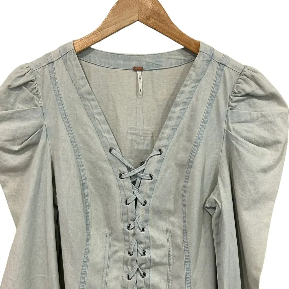 NEW Free People Lace Up Light Wash Cotton Denim Corset Top Size Small